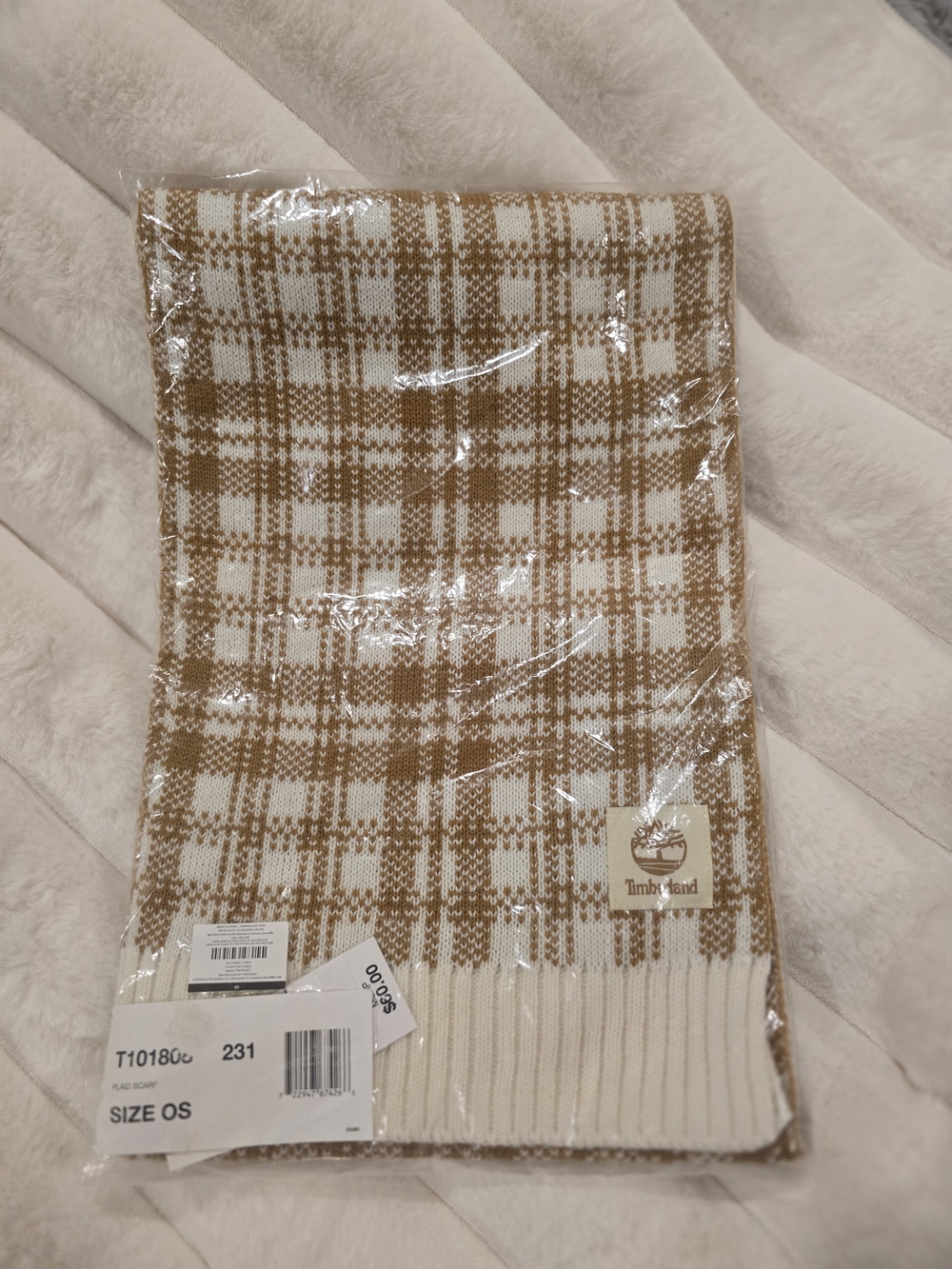 Timberland Beige & Cream Plaid Knit Scarf